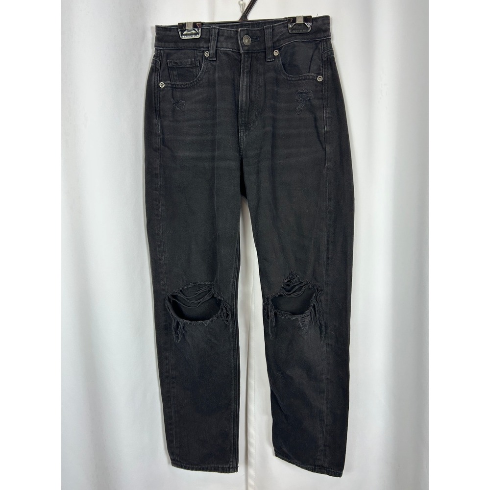 American Eagle Mom Straight Distressed Grunge Black High Rise Jeans 00 Short